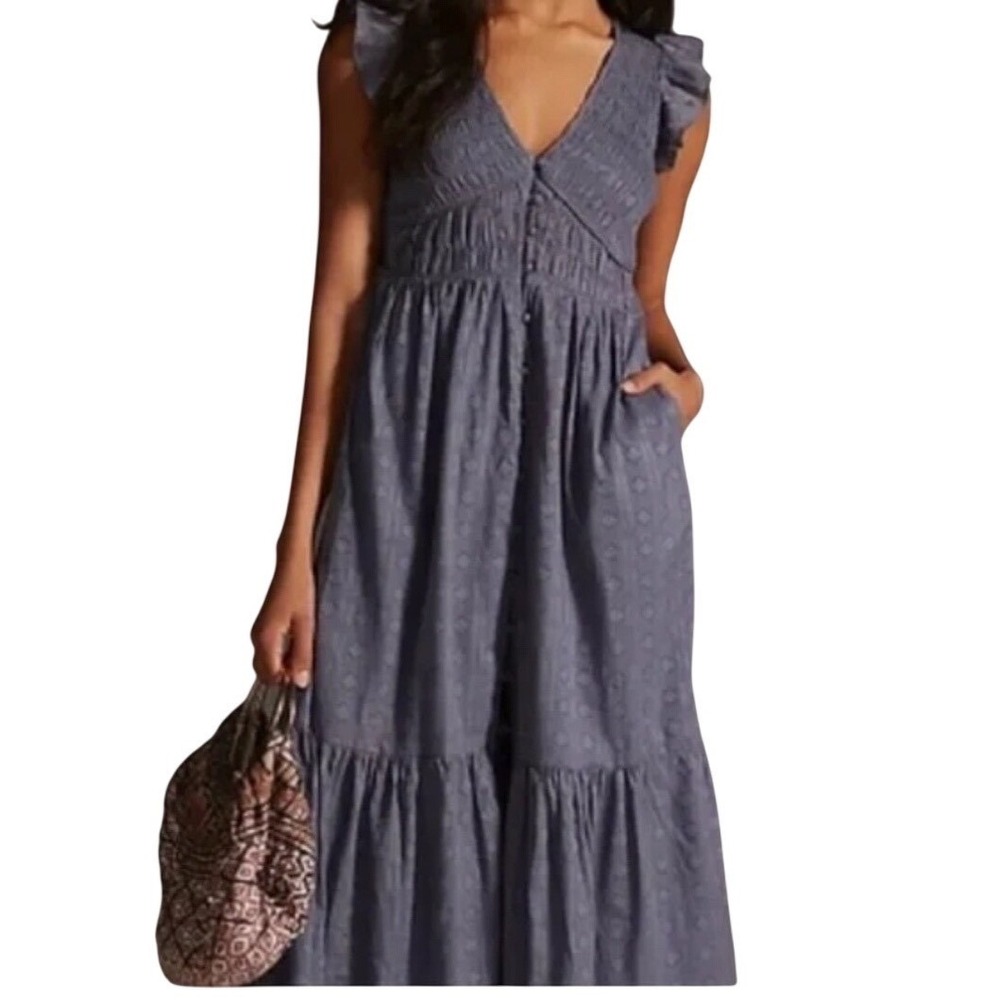 Anthropologie Blue Tiered Smocked Ruffle Maxi Dress, Short Sleeve Boho Sz S